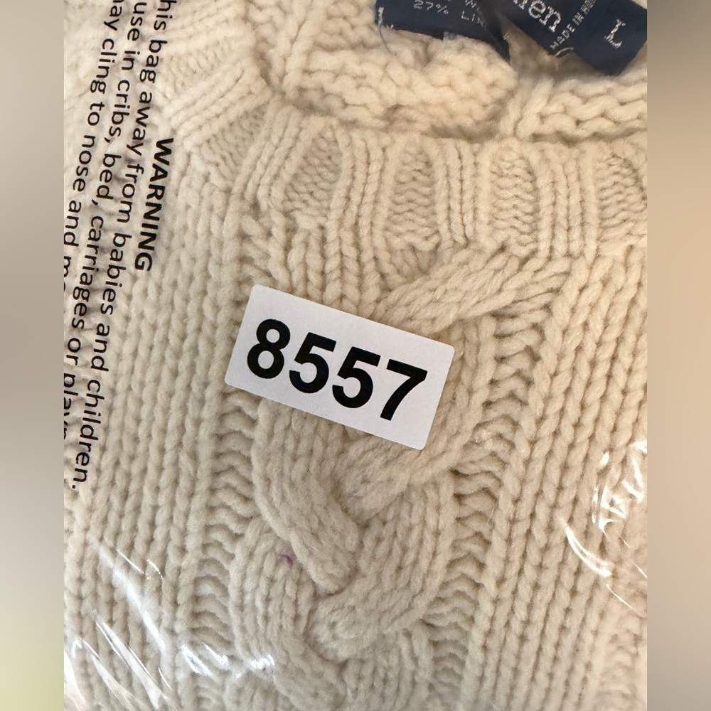 Polo Ralph Lauren Wool Linen Blend Ivory Cable Knit Sweater Brown Elbow Patches - Picture 8 of 8